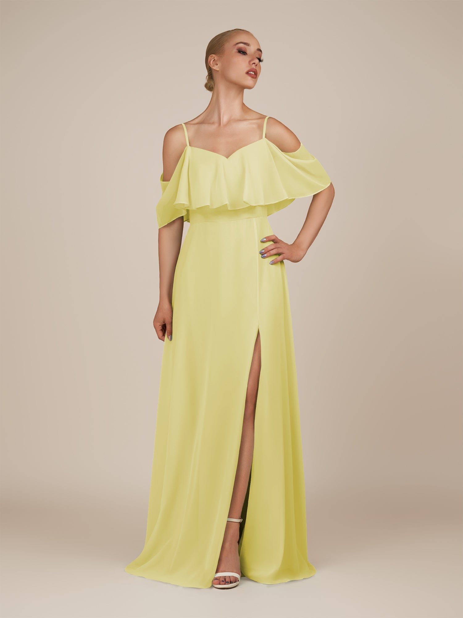 KissDress-Eira Buttercup A Line Chiffon Off the Shoulder Ruffled Overlay Long Bridesmaid Dress with Slit