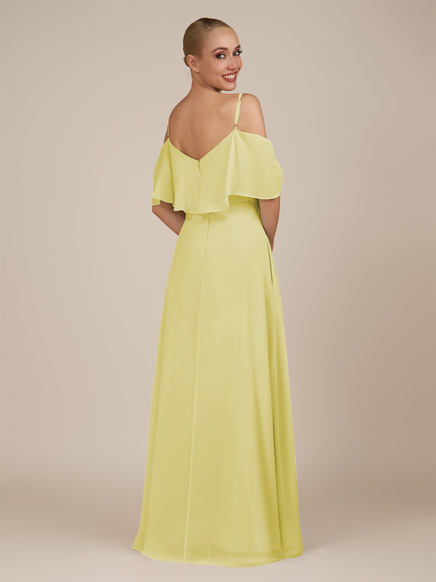 KissDress-Eira Buttercup A Line Chiffon Off the Shoulder Ruffled Overlay Long Bridesmaid Dress with Slit