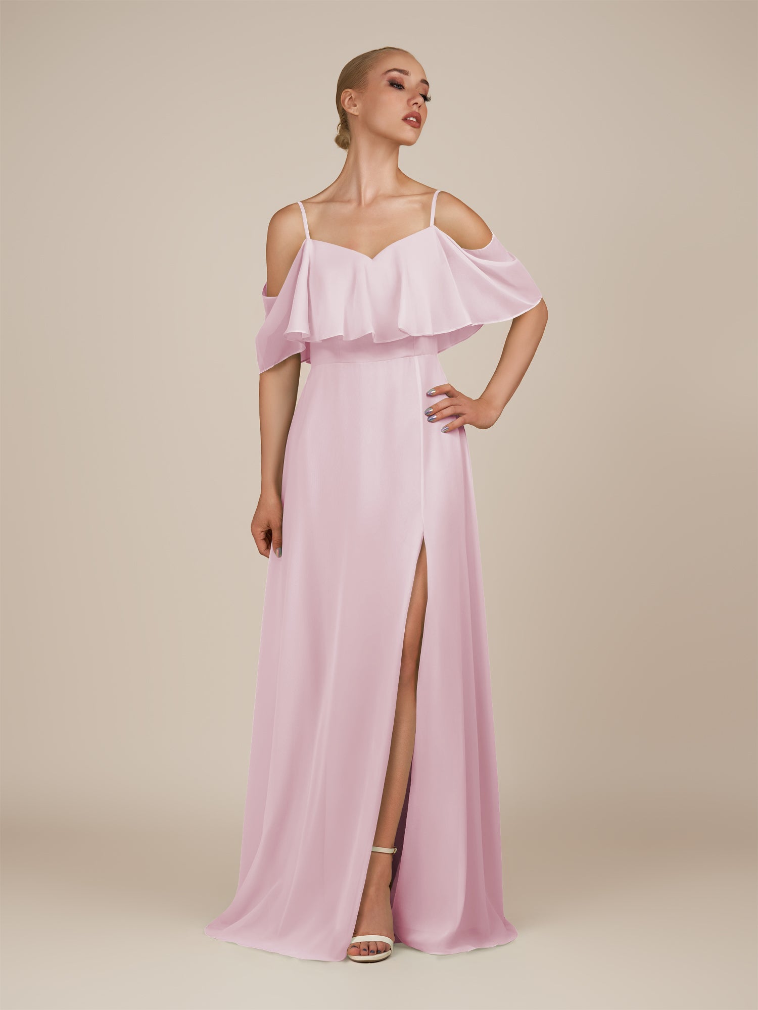 KissDress-Eira Candy Pink A Line Chiffon Off the Shoulder Ruffled Overlay Long Bridesmaid Dress with Slit
