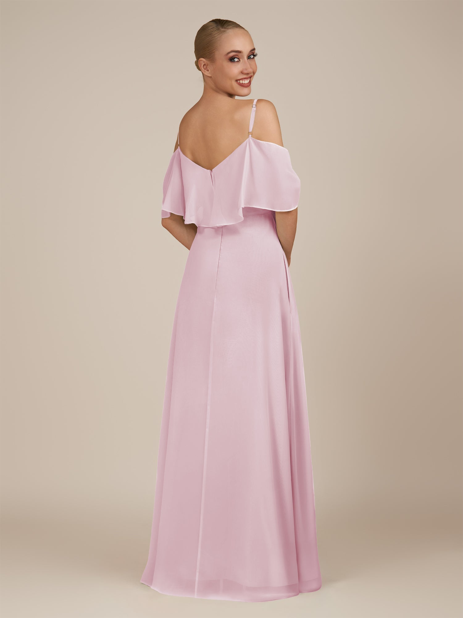 KissDress-Eira Candy Pink A Line Chiffon Off the Shoulder Ruffled Overlay Long Bridesmaid Dress with Slit