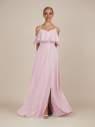 KissDress-Eira Candy Pink A Line Chiffon Off the Shoulder Ruffled Overlay Long Bridesmaid Dress with Slit