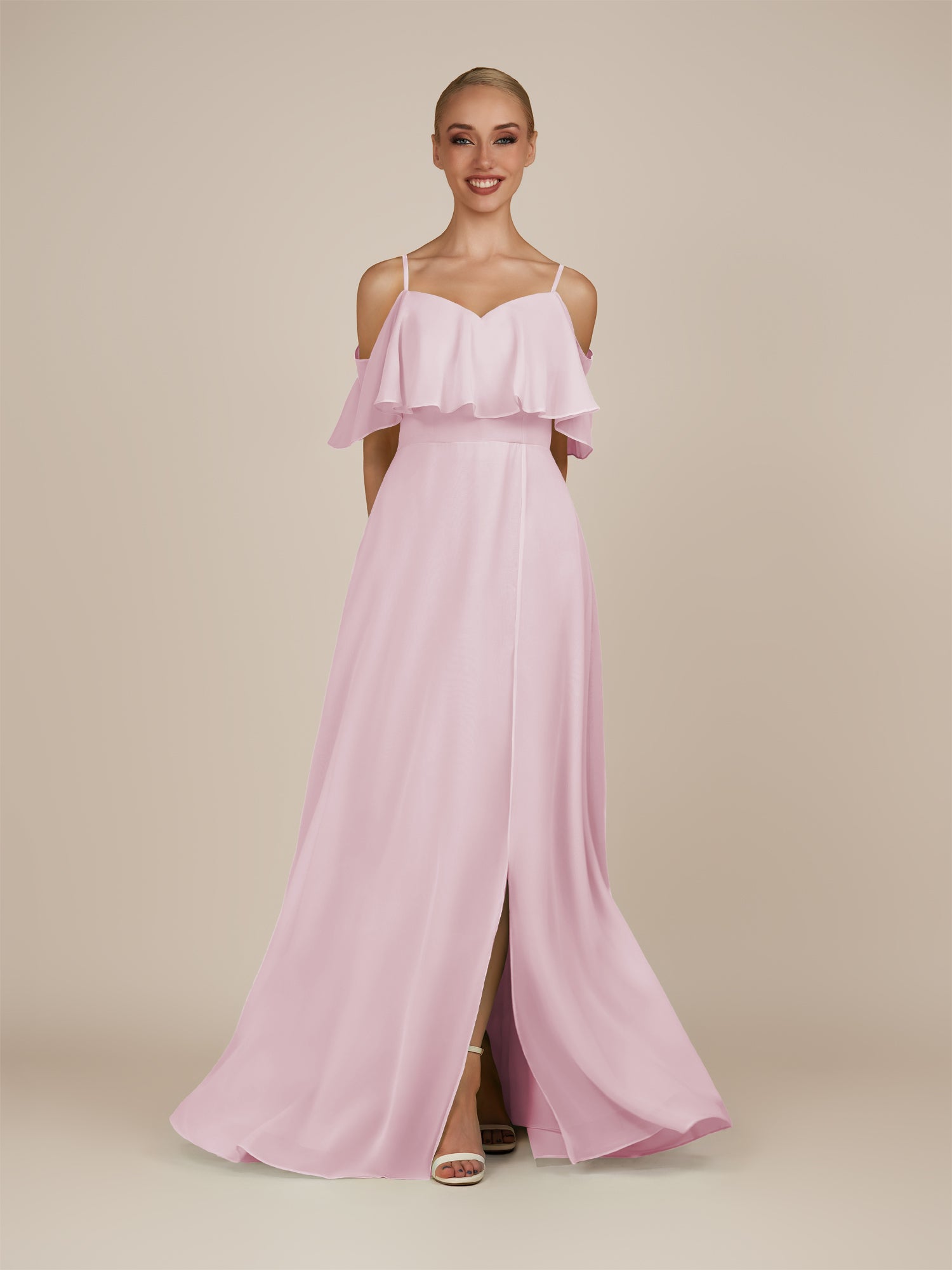 KissDress-Eira Candy Pink A Line Chiffon Off the Shoulder Ruffled Overlay Long Bridesmaid Dress with Slit