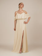 KissDress-Eira Champagne A Line Chiffon Off the Shoulder Ruffled Overlay Long Bridesmaid Dress with Slit