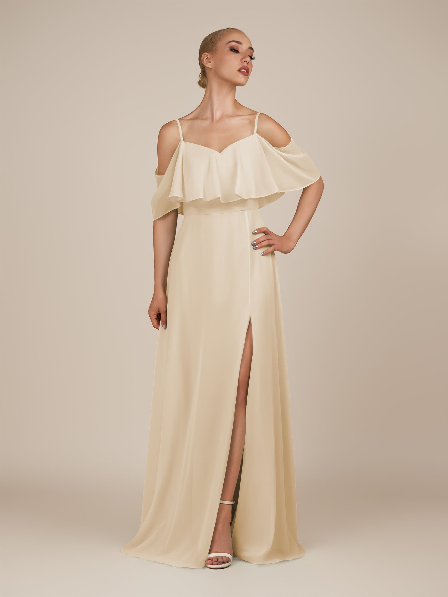 KissDress-Eira Champagne A Line Chiffon Off the Shoulder Ruffled Overlay Long Bridesmaid Dress with Slit