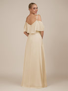 KissDress-Eira Champagne A Line Chiffon Off the Shoulder Ruffled Overlay Long Bridesmaid Dress with Slit