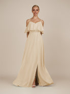 KissDress-Eira Champagne A Line Chiffon Off the Shoulder Ruffled Overlay Long Bridesmaid Dress with Slit