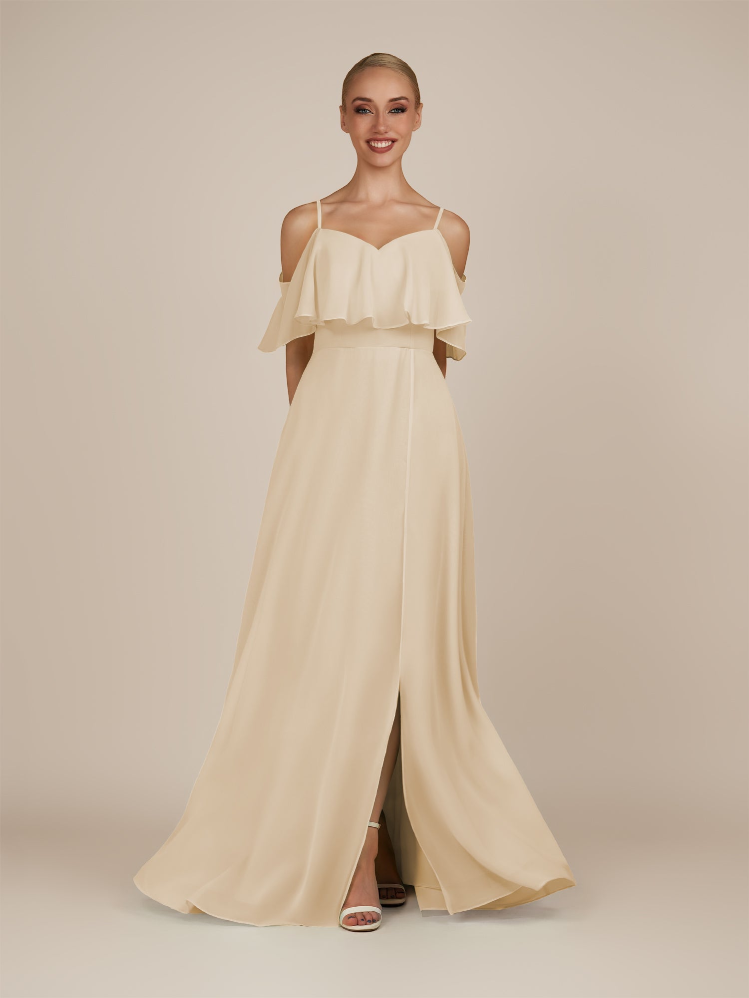 KissDress-Eira Champagne A Line Chiffon Off the Shoulder Ruffled Overlay Long Bridesmaid Dress with Slit