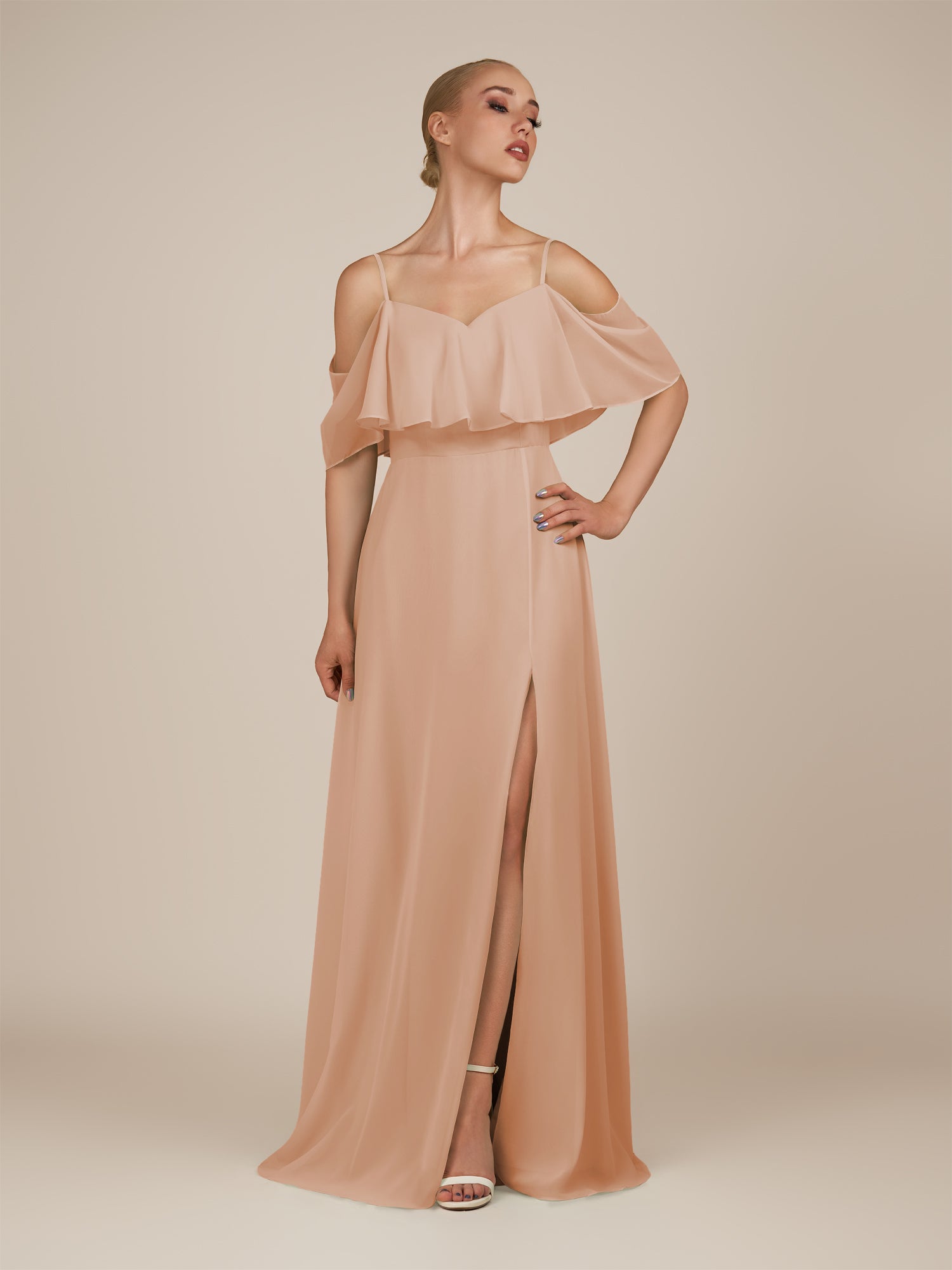 Eira Champagne Rose A Line Chiffon Off the Shoulder Ruffled