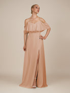 KissDress-Eira Champagne Rose A Line Chiffon Off the Shoulder Ruffled Overlay Long Bridesmaid Dress with Slit