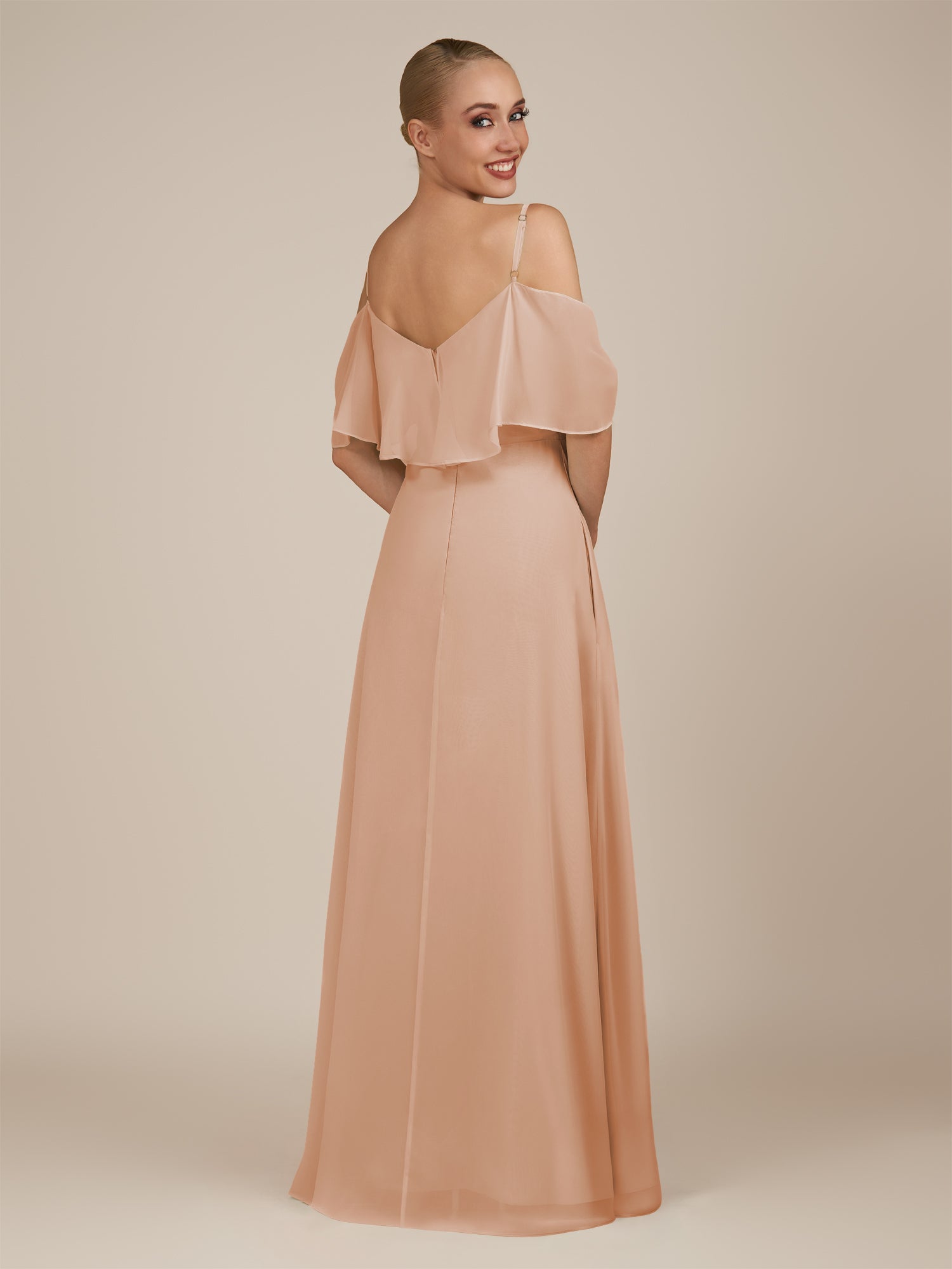 KissDress-Eira Champagne Rose A Line Chiffon Off the Shoulder Ruffled Overlay Long Bridesmaid Dress with Slit