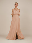 KissDress-Eira Champagne Rose A Line Chiffon Off the Shoulder Ruffled Overlay Long Bridesmaid Dress with Slit