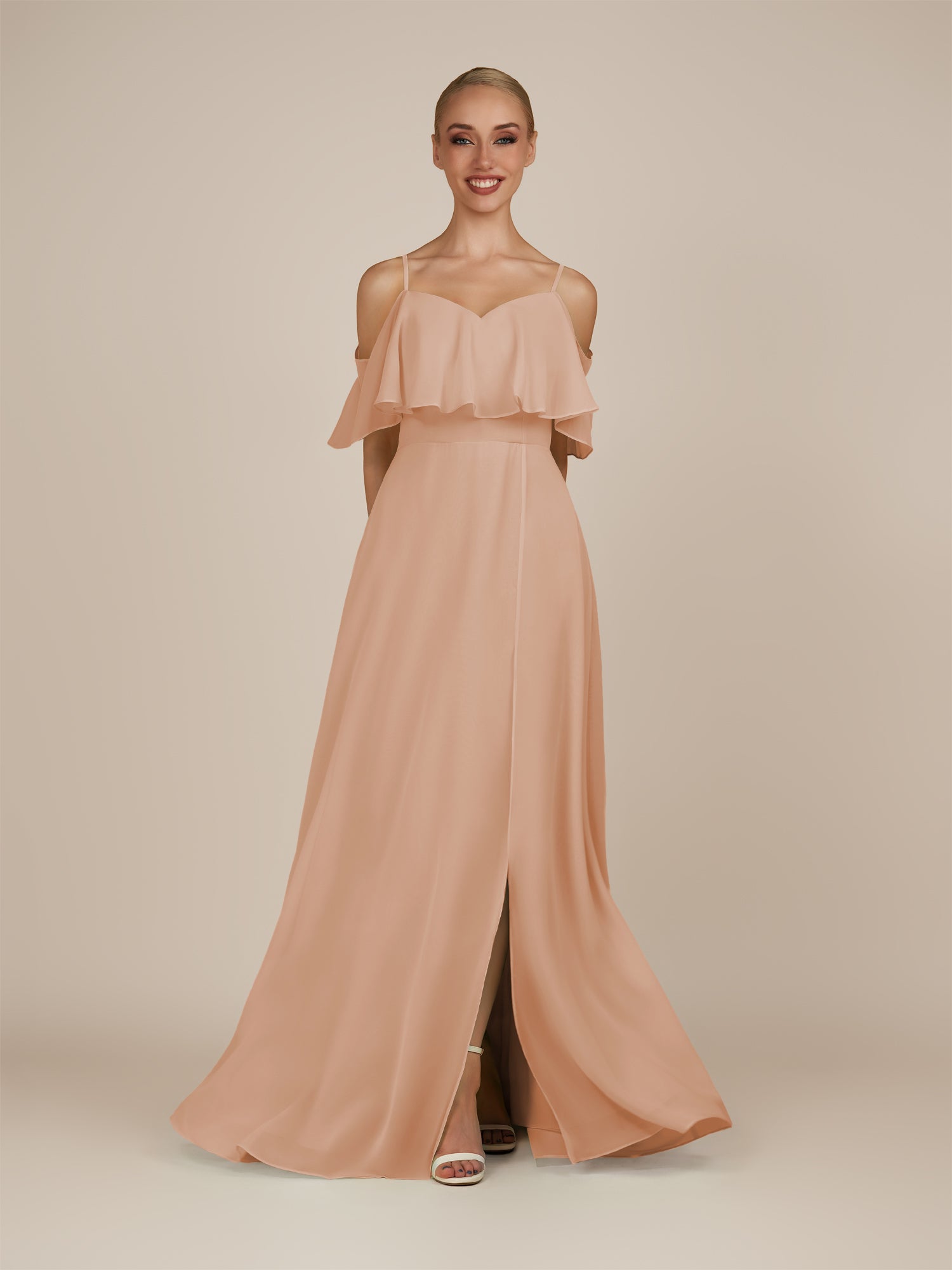 KissDress-Eira Champagne Rose A Line Chiffon Off the Shoulder Ruffled Overlay Long Bridesmaid Dress with Slit