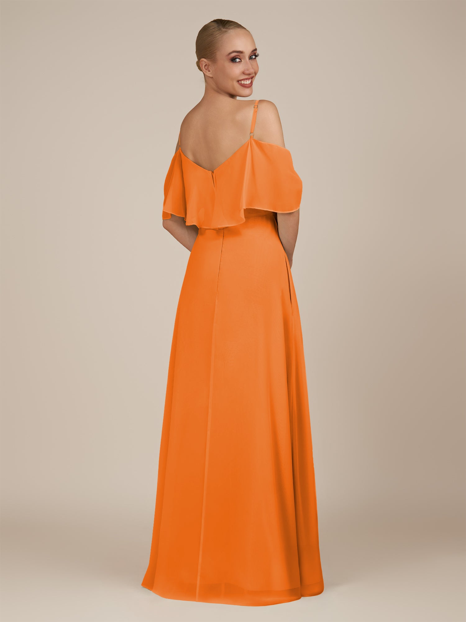 KissDress-Eira Cinnamon A Line Chiffon Off the Shoulder Ruffled Overlay Long Bridesmaid Dress with Slit