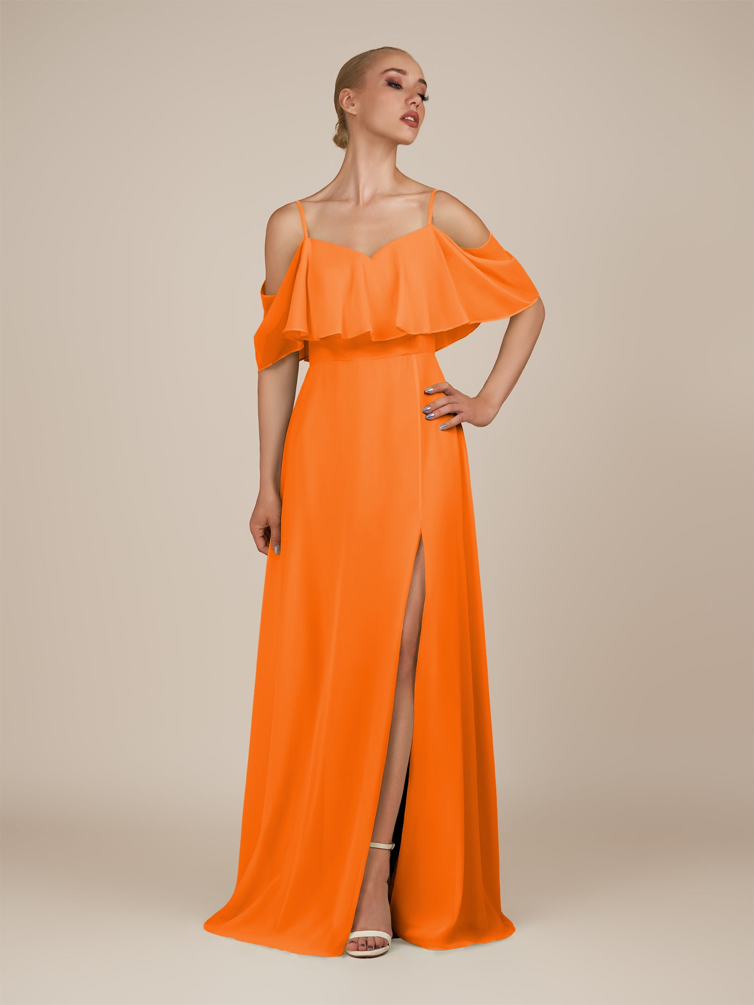 KissDress-Eira Cinnamon A Line Chiffon Off the Shoulder Ruffled Overlay Long Bridesmaid Dress with Slit