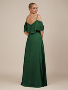 KissDress-Eira Dark Green A Line Chiffon Off the Shoulder Ruffled Overlay Long Bridesmaid Dress with Slit