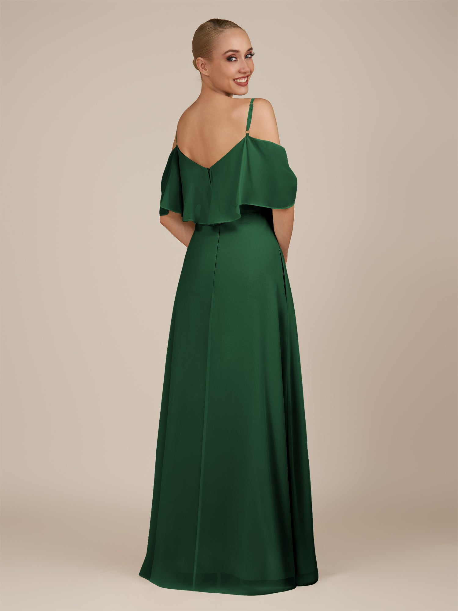 KissDress-Eira Dark Green A Line Chiffon Off the Shoulder Ruffled Overlay Long Bridesmaid Dress with Slit