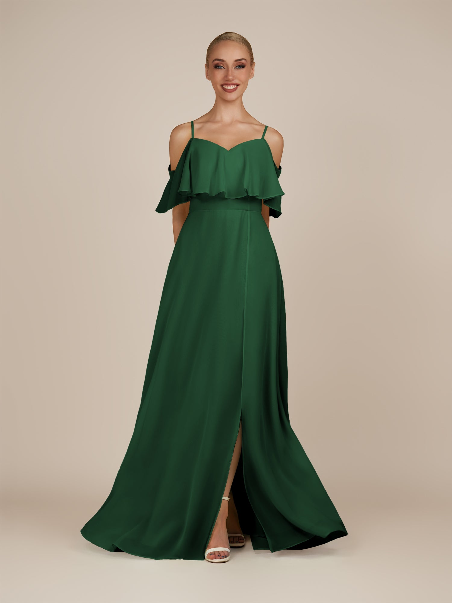 KissDress-Eira Dark Green A Line Chiffon Off the Shoulder Ruffled Overlay Long Bridesmaid Dress with Slit