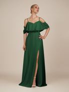 KissDress-Eira Dark Green A Line Chiffon Off the Shoulder Ruffled Overlay Long Bridesmaid Dress with Slit