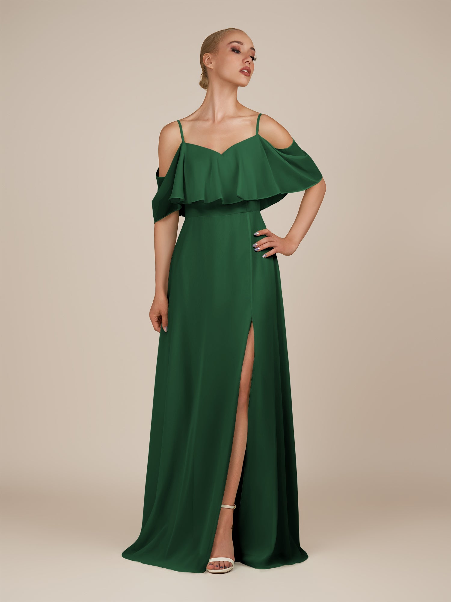 KissDress-Eira Dark Green A Line Chiffon Off the Shoulder Ruffled Overlay Long Bridesmaid Dress with Slit