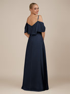KissDress-Eira Dark Navy A Line Chiffon Off the Shoulder Ruffled Overlay Long Bridesmaid Dress with Slit