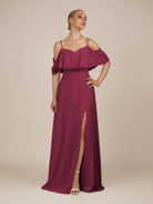 KissDress-Eira Desert Rose A Line Chiffon Off the Shoulder Ruffled Overlay Long Bridesmaid Dress with Slit