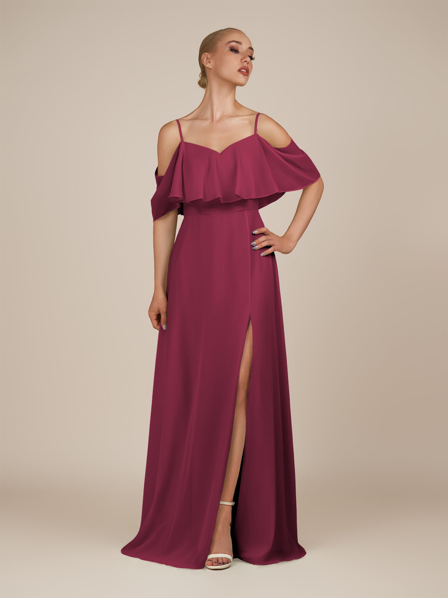 KissDress-Eira Desert Rose A Line Chiffon Off the Shoulder Ruffled Overlay Long Bridesmaid Dress with Slit