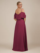 KissDress-Eira Desert Rose A Line Chiffon Off the Shoulder Ruffled Overlay Long Bridesmaid Dress with Slit