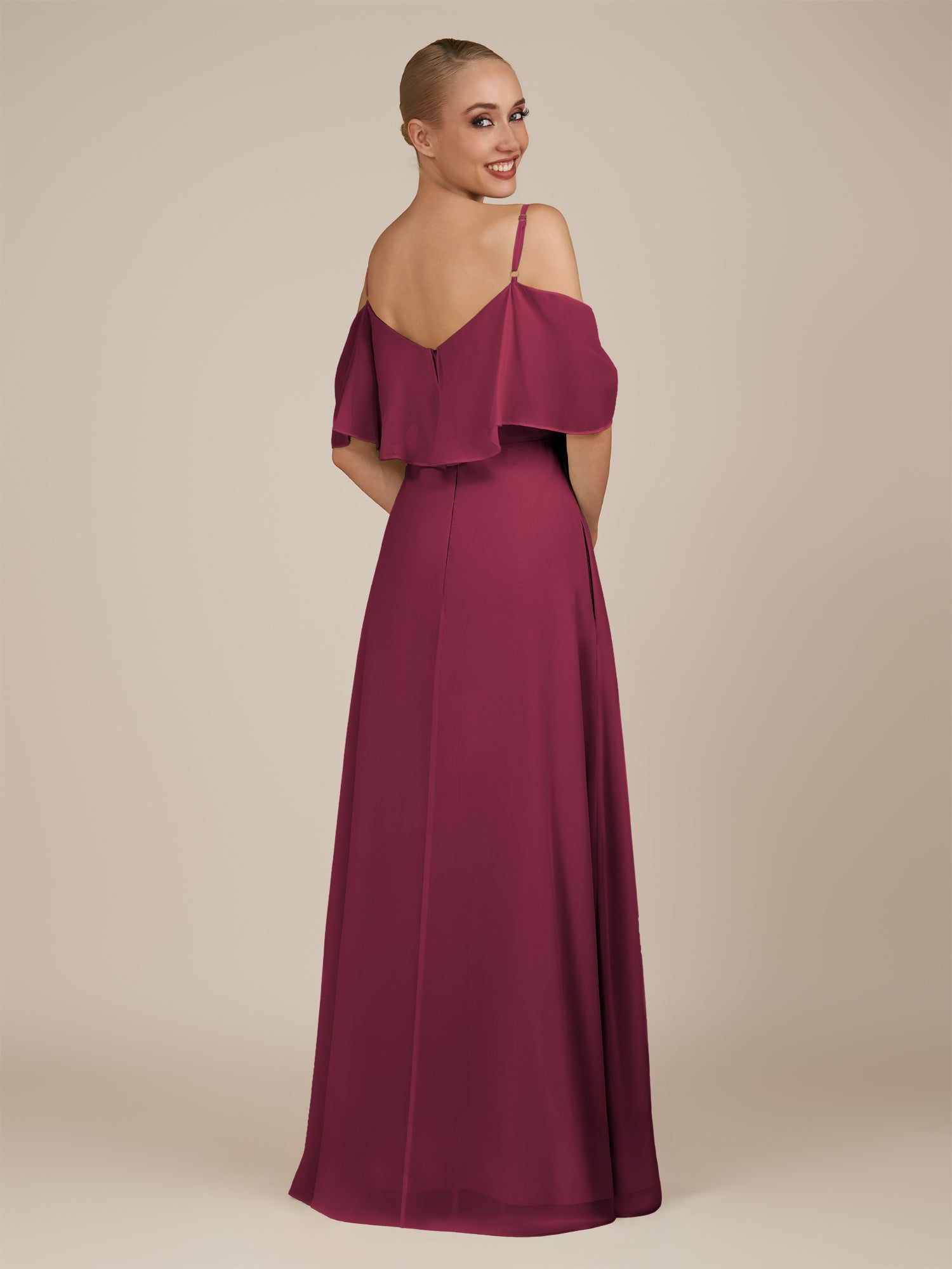 KissDress-Eira Desert Rose A Line Chiffon Off the Shoulder Ruffled Overlay Long Bridesmaid Dress with Slit