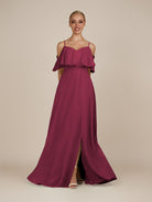 KissDress-Eira Desert Rose A Line Chiffon Off the Shoulder Ruffled Overlay Long Bridesmaid Dress with Slit