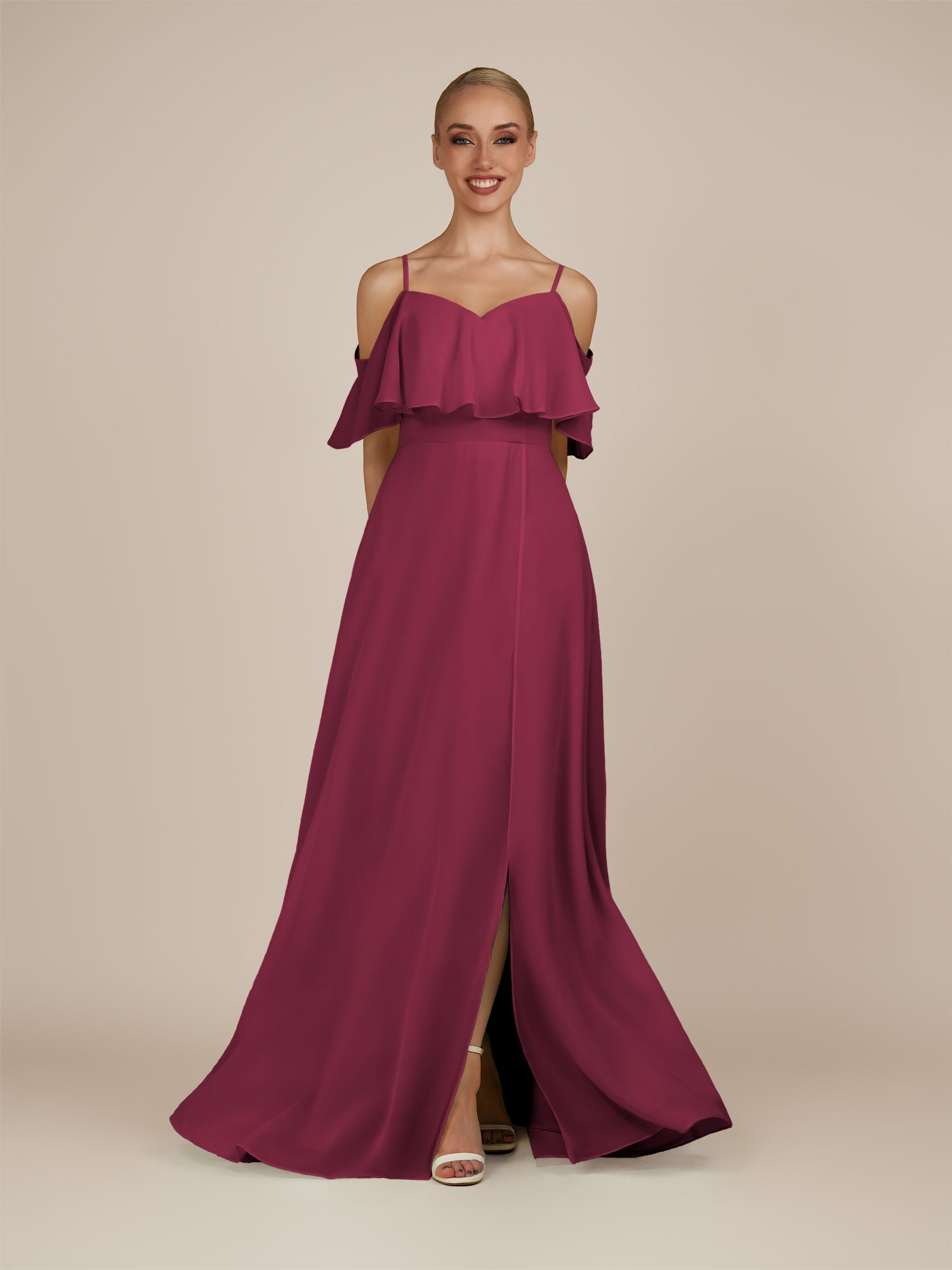KissDress-Eira Desert Rose A Line Chiffon Off the Shoulder Ruffled Overlay Long Bridesmaid Dress with Slit