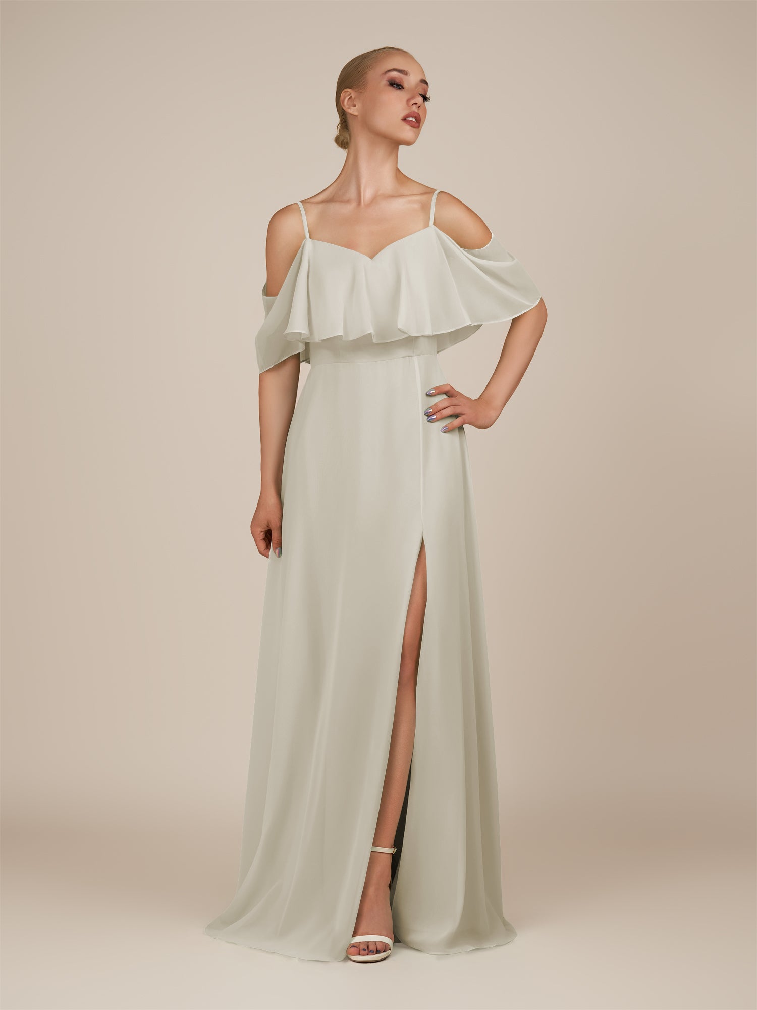 KissDress-Eira Dove Gray A Line Chiffon Off the Shoulder Ruffled Overlay Long Bridesmaid Dress with Slit