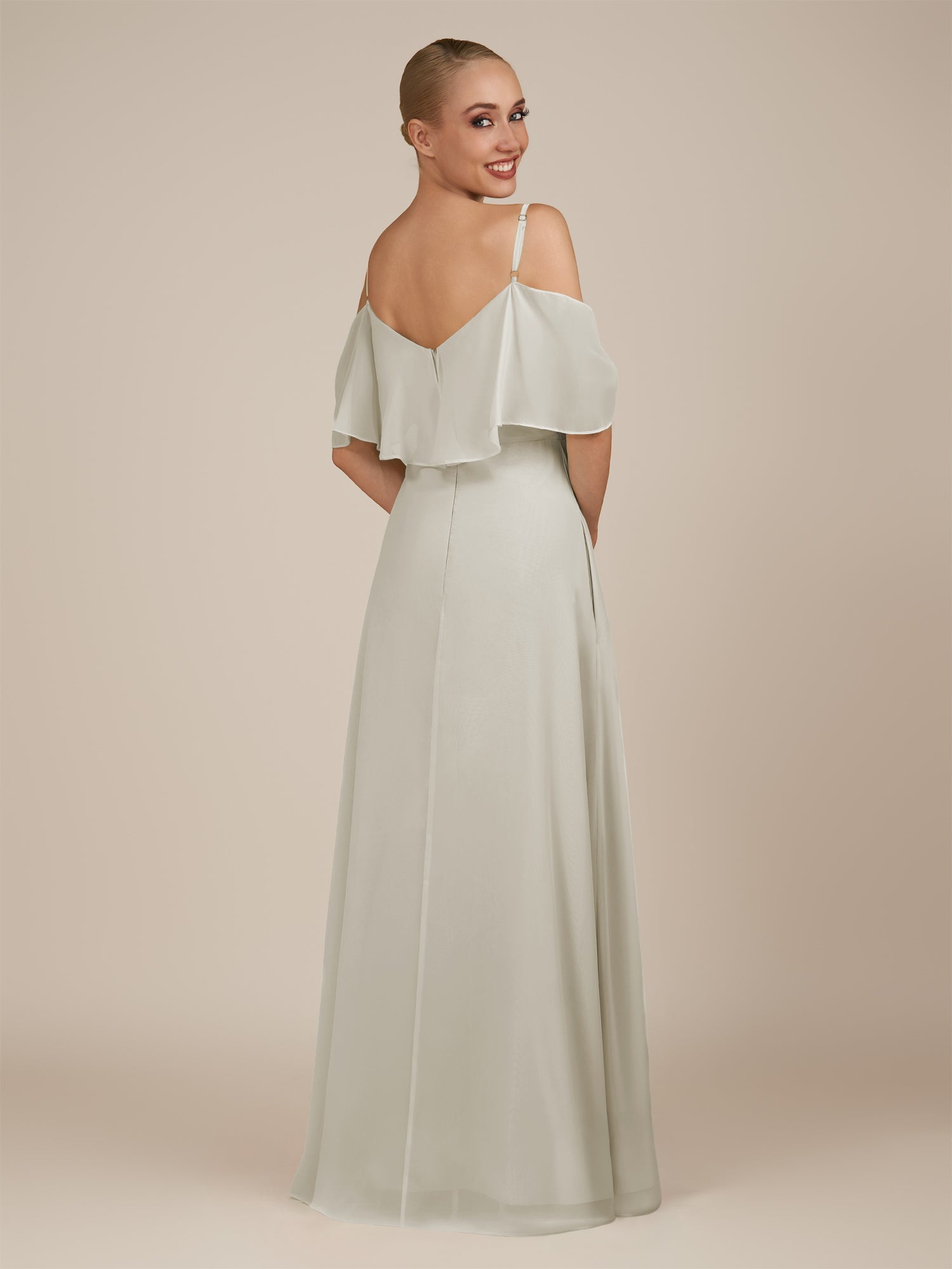 KissDress-Eira Dove Gray A Line Chiffon Off the Shoulder Ruffled Overlay Long Bridesmaid Dress with Slit