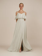 KissDress-Eira Dove Gray A Line Chiffon Off the Shoulder Ruffled Overlay Long Bridesmaid Dress with Slit