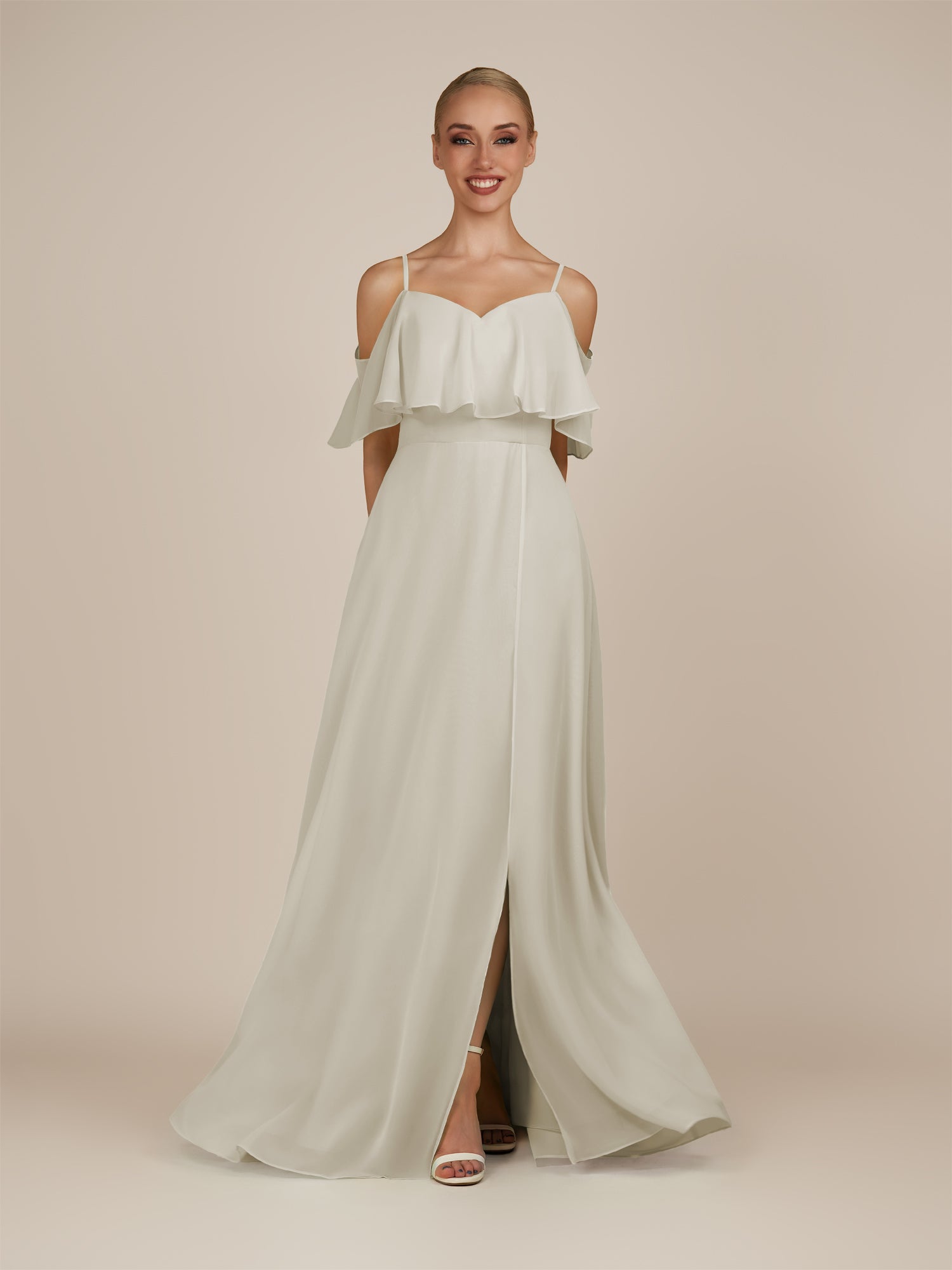 KissDress-Eira Dove Gray A Line Chiffon Off the Shoulder Ruffled Overlay Long Bridesmaid Dress with Slit