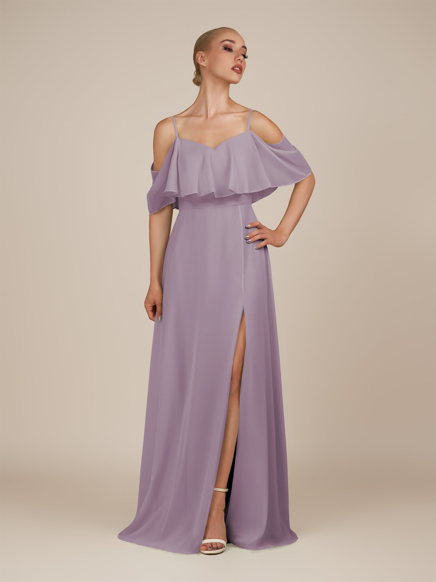 KissDress-Eira Dusk A Line Chiffon Off the Shoulder Ruffled Overlay Long Bridesmaid Dress with Slit