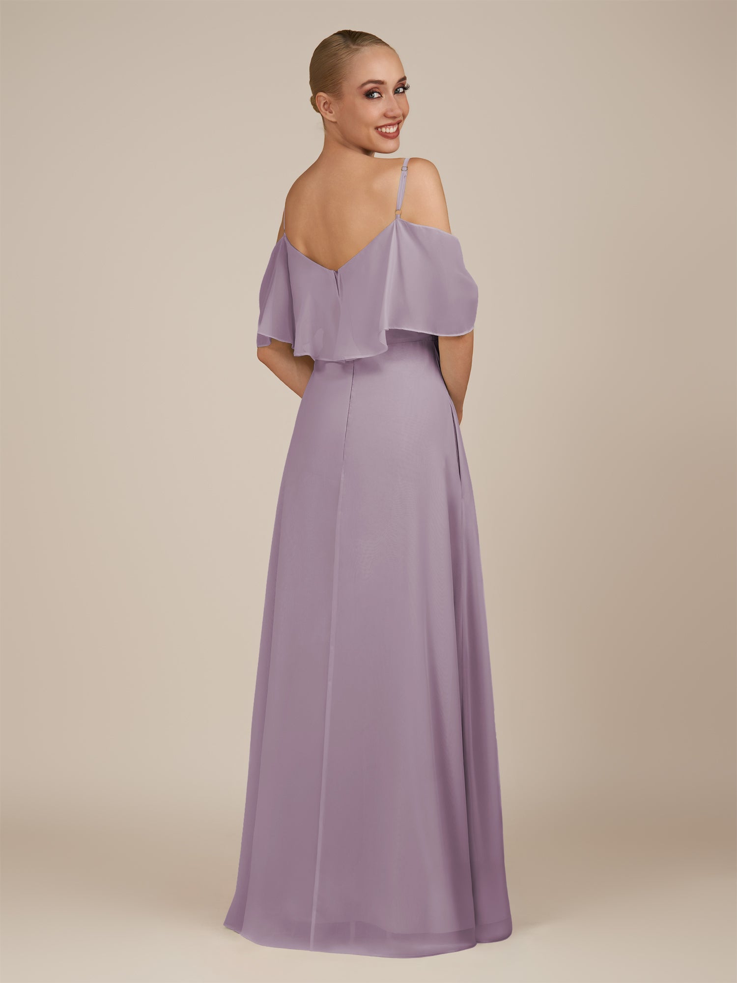 KissDress-Eira Dusk A Line Chiffon Off the Shoulder Ruffled Overlay Long Bridesmaid Dress with Slit