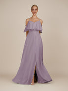 KissDress-Eira Dusk A Line Chiffon Off the Shoulder Ruffled Overlay Long Bridesmaid Dress with Slit