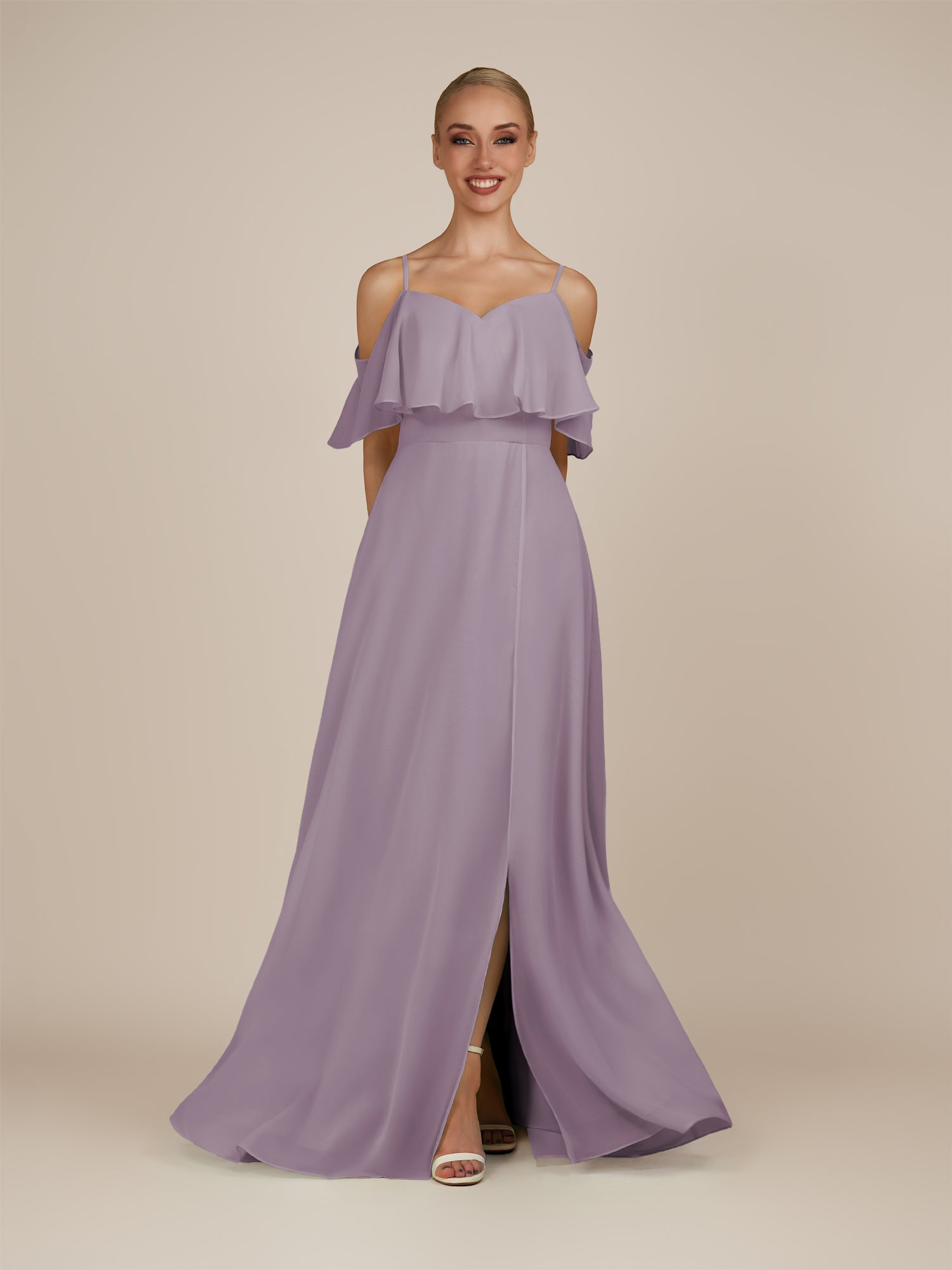 KissDress-Eira Dusk A Line Chiffon Off the Shoulder Ruffled Overlay Long Bridesmaid Dress with Slit