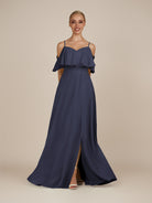 KissDress-Eira Dusk Blue A Line Chiffon Off the Shoulder Ruffled Overlay Long Bridesmaid Dress with Slit