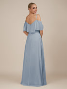 KissDress-Eira Dusty Blue A Line Chiffon Off the Shoulder Ruffled Overlay Long Bridesmaid Dress with Slit