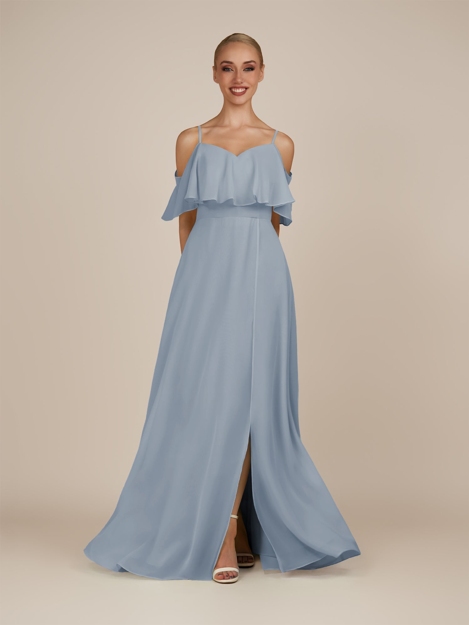 KissDress-Eira Dusty Blue A Line Chiffon Off the Shoulder Ruffled Overlay Long Bridesmaid Dress with Slit