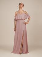 KissDress-Eira Dusty Rose A Line Chiffon Off the Shoulder Ruffled Overlay Long Bridesmaid Dress with Slit
