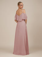 KissDress-Eira Dusty Rose A Line Chiffon Off the Shoulder Ruffled Overlay Long Bridesmaid Dress with Slit