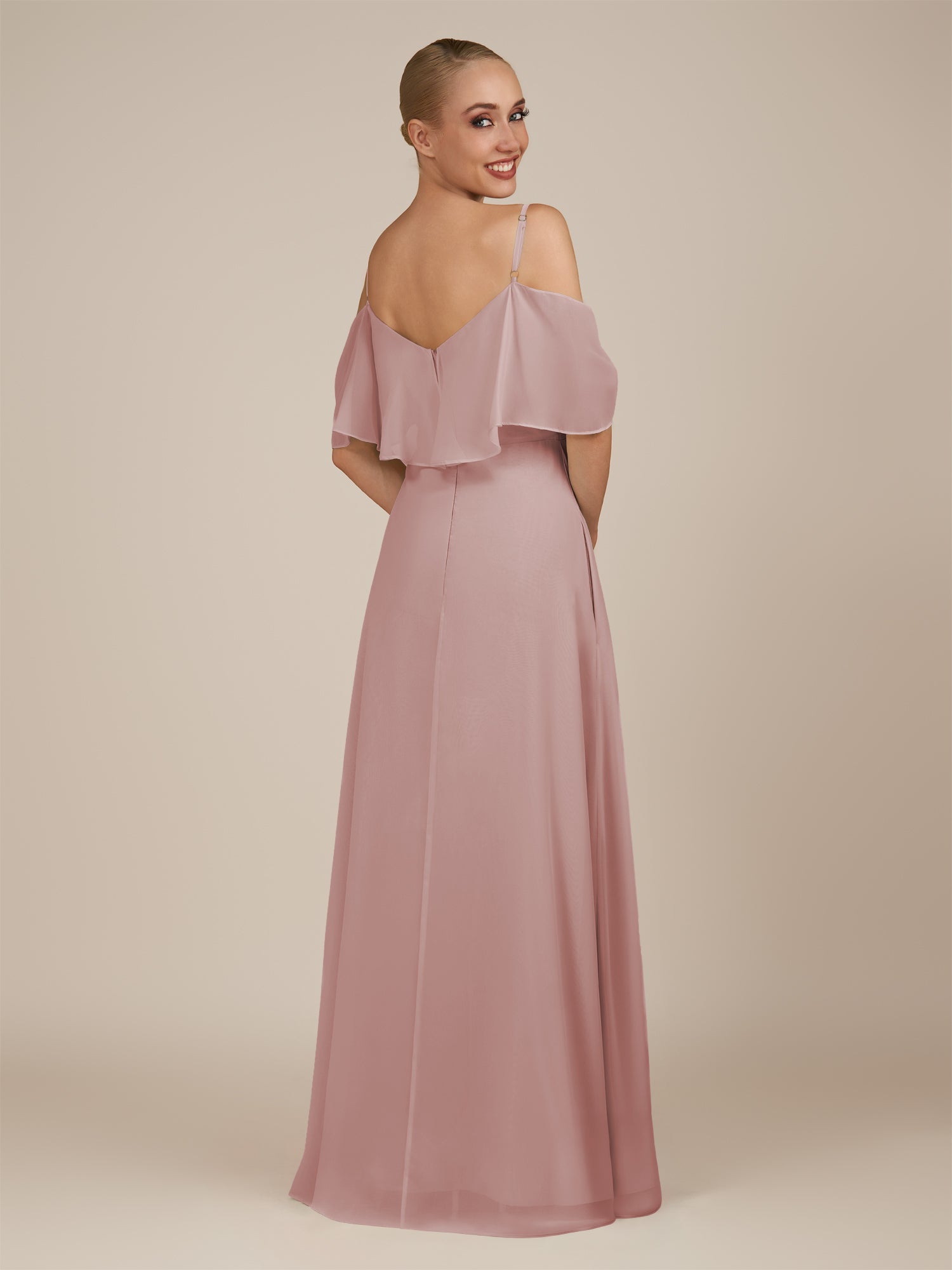 KissDress-Eira Dusty Rose A Line Chiffon Off the Shoulder Ruffled Overlay Long Bridesmaid Dress with Slit