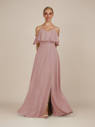KissDress-Eira Dusty Rose A Line Chiffon Off the Shoulder Ruffled Overlay Long Bridesmaid Dress with Slit