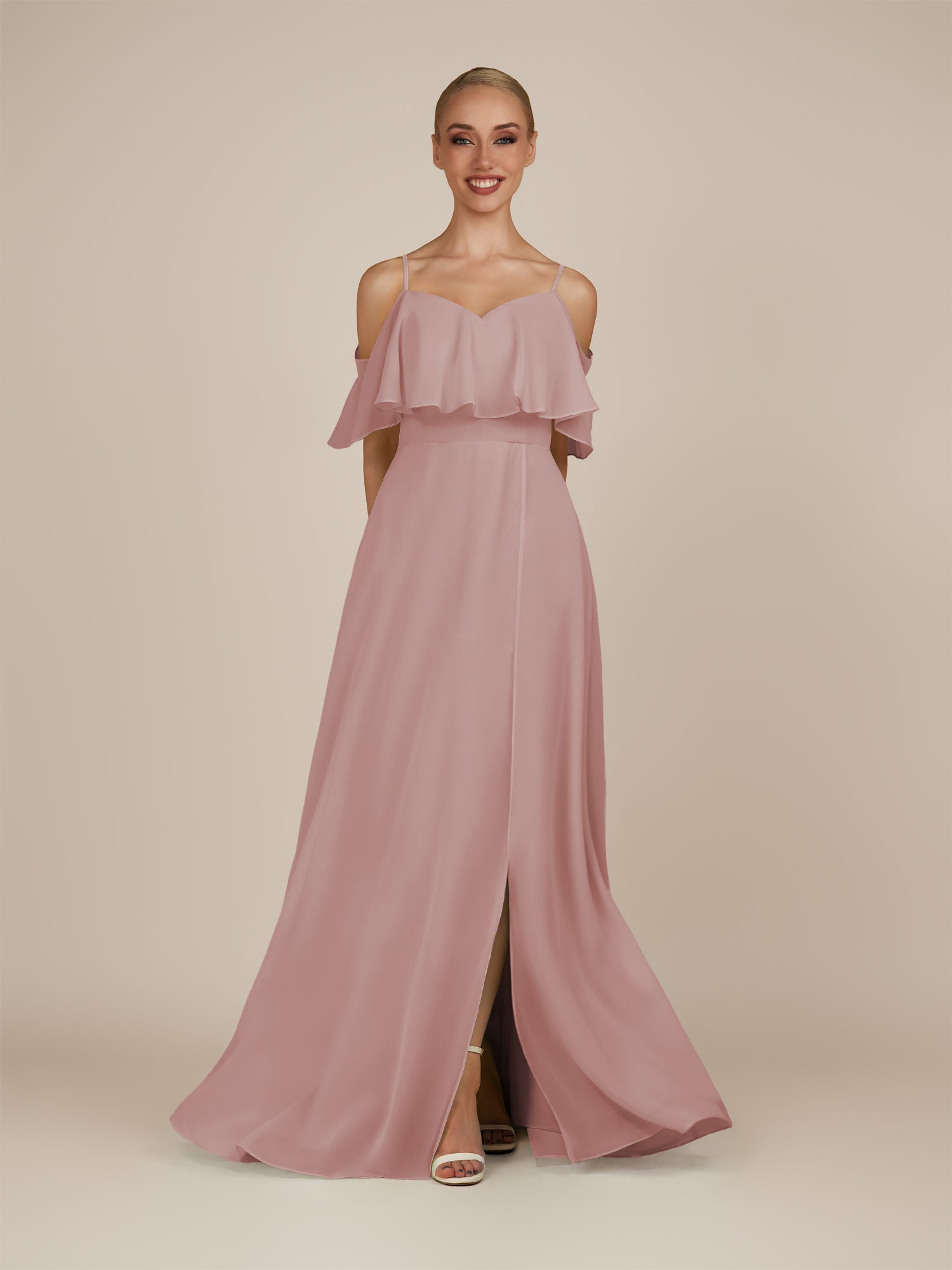 KissDress-Eira Dusty Rose A Line Chiffon Off the Shoulder Ruffled Overlay Long Bridesmaid Dress with Slit