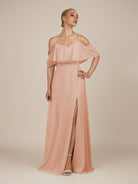 KissDress-Eira English Rose A Line Chiffon Off the Shoulder Ruffled Overlay Long Bridesmaid Dress with Slit