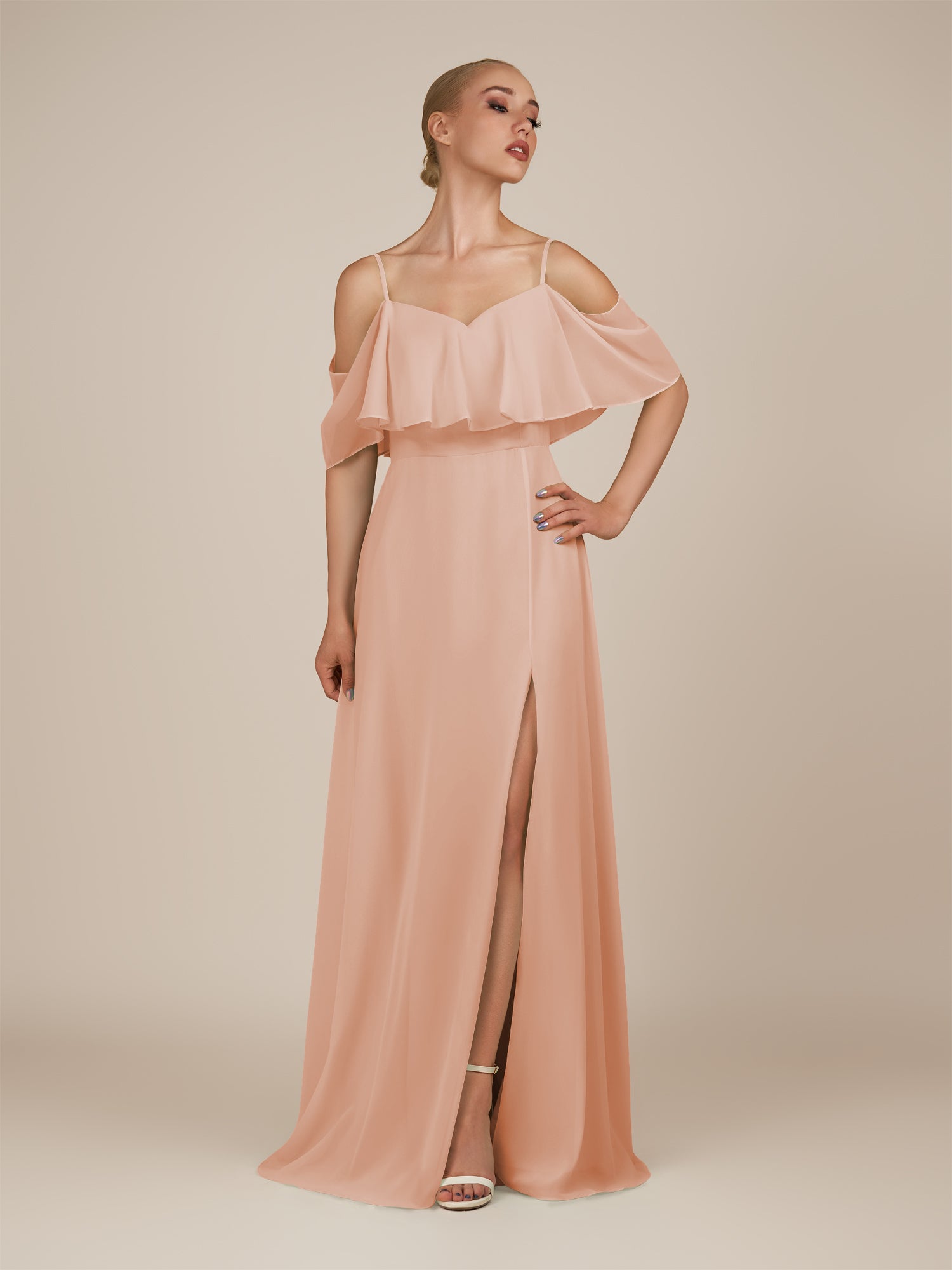 KissDress-Eira English Rose A Line Chiffon Off the Shoulder Ruffled Overlay Long Bridesmaid Dress with Slit