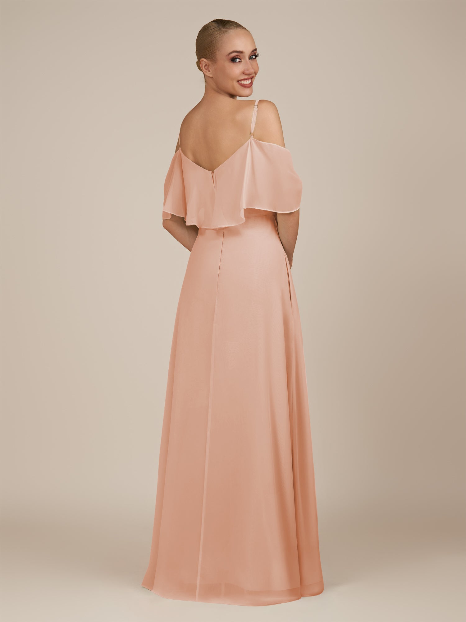 KissDress-Eira English Rose A Line Chiffon Off the Shoulder Ruffled Overlay Long Bridesmaid Dress with Slit