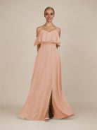 KissDress-Eira English Rose A Line Chiffon Off the Shoulder Ruffled Overlay Long Bridesmaid Dress with Slit